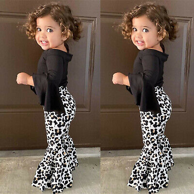 Toddler Kids Baby Girls T-Shirt Tops+Leopard Print Bell-bottom Pants Outfits Set