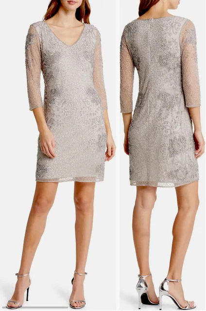 Pisarro Nights Beaded V Neck Cocktail Dress Size 2 In Silver Party, Wedding New