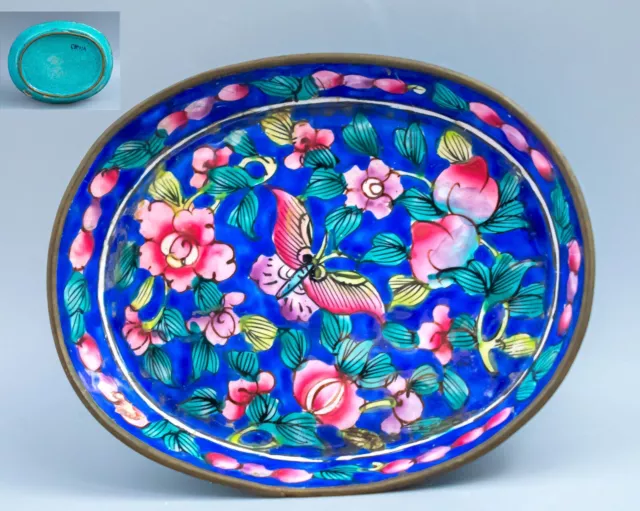 Chinese Blue Ground Dish Cloisonne Lotus Butterfly China Marks Qing 20th Century