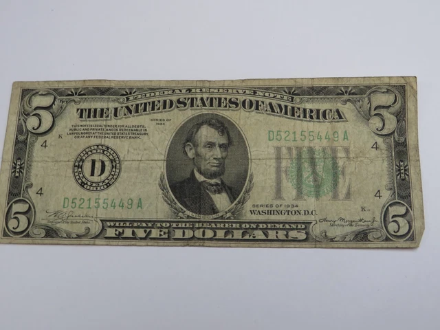 U. S. Federal Reserve  5.00 Note Series Of 1934 Circulated Cond.cleveland, Ohio*
