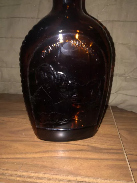 Vintage Log Cabin Syrup Mount Rushmore Amber Brown Glass Bottle With Lid VGC!