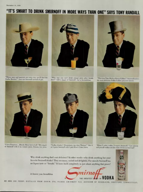 1959 Smirnoff Vodka Tony Randall Wearing Hats Drinking Drinks VTG Print Ad 1391
