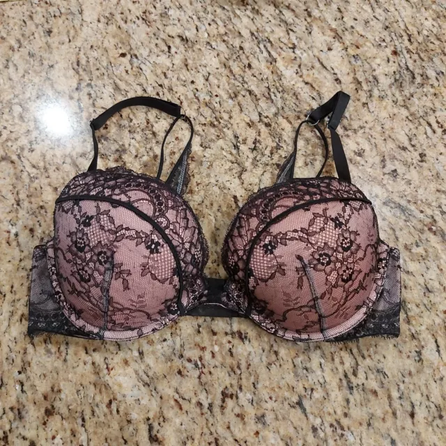 Victoria’s Secret Very Sexy Push-Up/Pigeonnant Bra Size 34D Black Lace J Hook UW