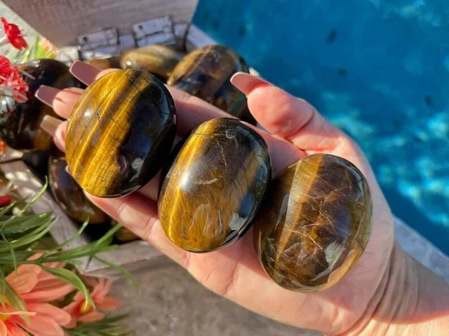 Natural AAA Quality Tiger Eye Crystal Palm Stone- Root or Solar Plexus Chakra