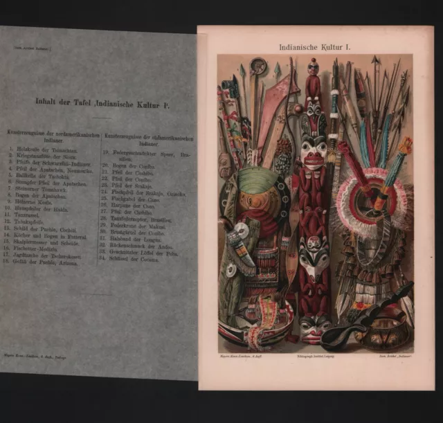 Chromo-Lithografie 1905: Indianische Kultur I. Tanzrassel Tabakspfeife