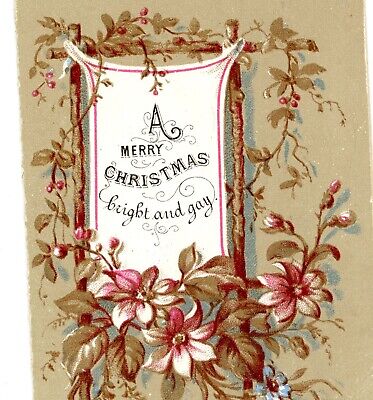 Christmas Card flowers poem greetings printed die cut antique Victorian #15