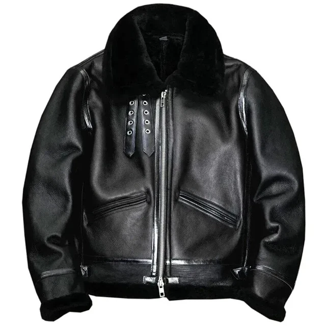 Men's Flying Bomber B3 Real Shearling Sheepskin Black Fur Leather Jacket (S-5Xl)
