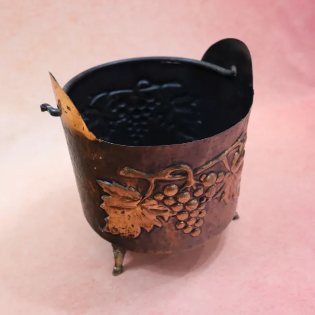 Vintage Brass Footed Planter Pot Embossed Grapes Hammered Handmade Bucket