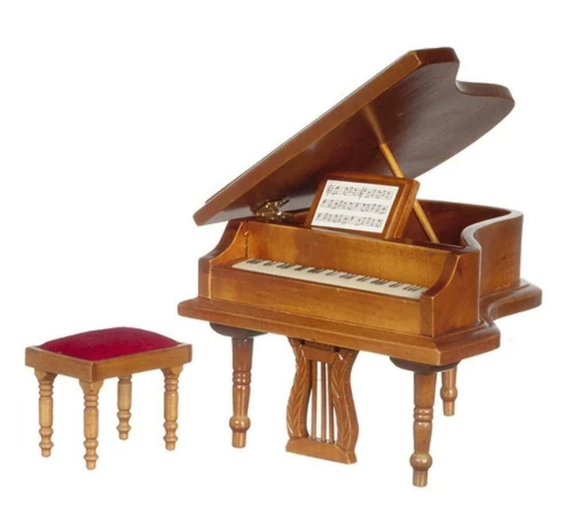 DOLLS HOUSE WALNUT Grand Piano & Bench Stool Miniature Music Room