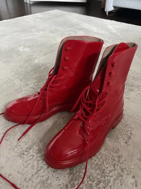 Stuart Weitzman McKenzee Lace-Up Ankle Boots Red Vinyl Boots Women’s Size 7.5