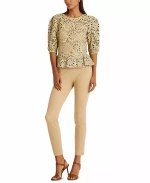 MSRP $395 Lauren Ralph Lauren Floral-Cutout Lambskin Blouse Size 4 Parchment)