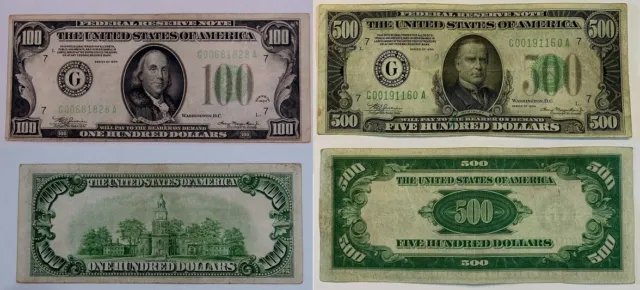 1934 $100 & $500 One & Five Hundred Dollar Bill's Federal Reserve Note's