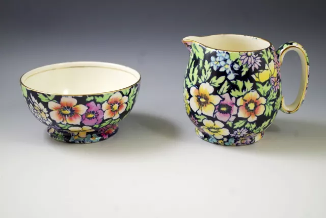 ROYAL WINTON ANEMONE NAVY BLUE CHINTZ SUGAR BOWL AND CREAMER 1930's