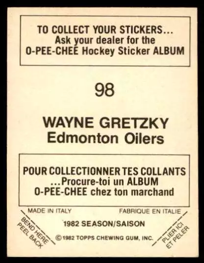 1982-83 O-Pee-Chee Stickers Wayne Gretzky Edmonton Oilers #98 2