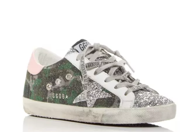 Golden Goose Silver Green Super-Star Glitter Camo Low Top Sneakers Size 36