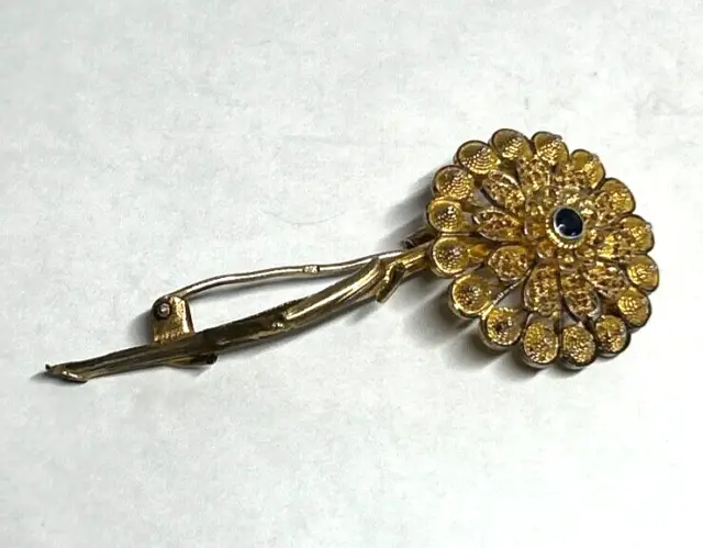 Vintage Portugal Sterling Cannetile & Filigree Brooch 19k Gold Plating JCS