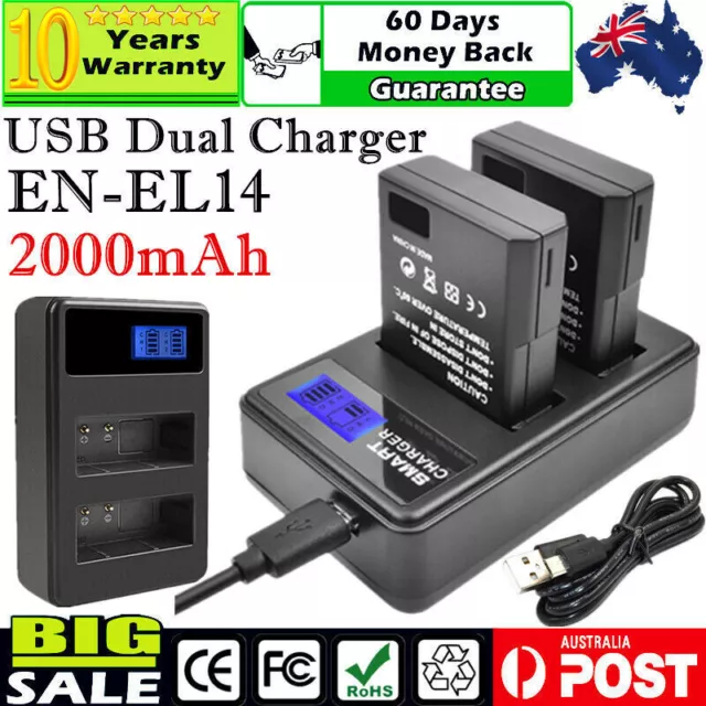 2x 2000mAh EN-EL14 EN-EL14a Battery & Dual Charger for Nikon D3100 D3200 D5600