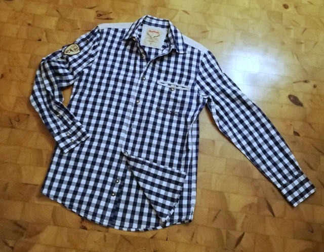 Camicia da uomo tradizionale country casa nuova taglia S 48 blu bianco a quadretti cotone corno di cervo