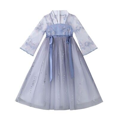 Girl Shiny Mesh Embroidered Hanfu Chinese Floral Dress Traditional Costume Dress