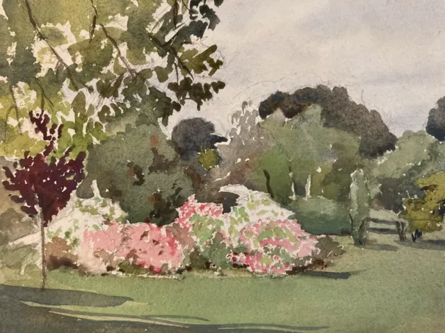 Très BElle Peinture Aquarelle Papier Fort Romantisme 1920 Jardin Fleur Art Arbre