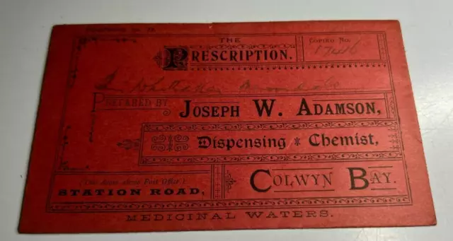 Antique Prescription Envelope Joseph W Adamson Chemist Colwyn Bay Miss Whittaker