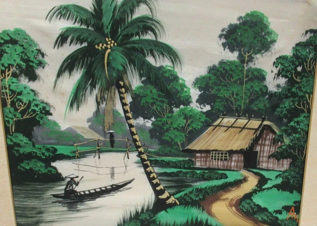 A.n. Old Vietnam Fisherman Watercolor Landscape Painting Signed #3