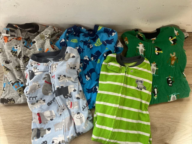 12m Lot Fleece Footed Pajama 5 Pieces Boy Unisex Sports Dogs Raccoon Skiing