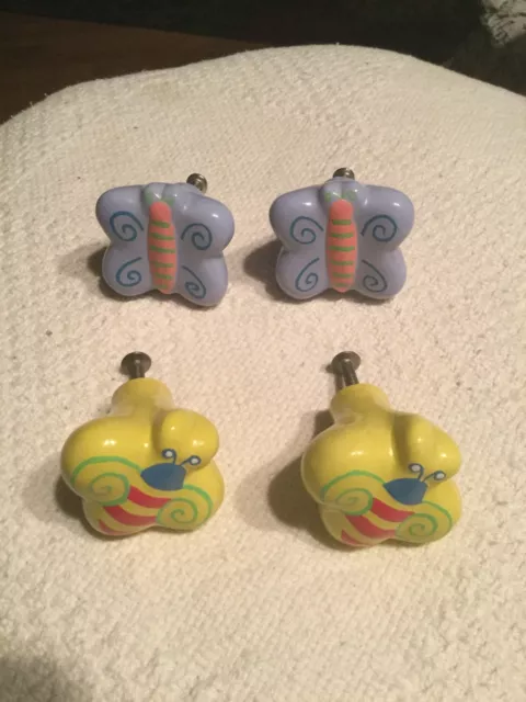 Set of 4 Yellow Blue Nursery Pottery Ceramic Knobs Pulls Bed Drawer Dresser Vtg.