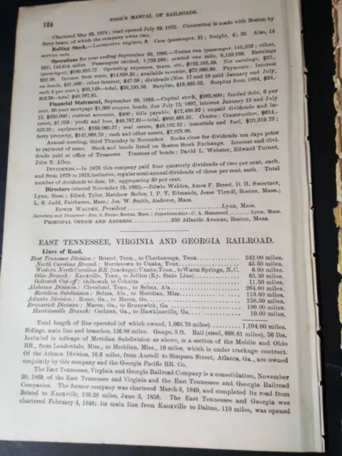 Original 1886 Zugbericht EAST TENNESSEE VIRGINIA & GEORGIA RAILROAD Unaka TN