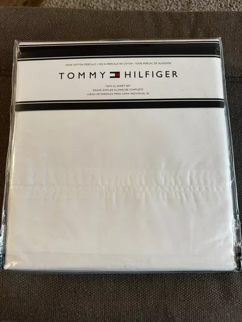 TOMMY HILFIGER WHITE  100% Cotton Percale TWIN XL SHEET Set 3PC - New