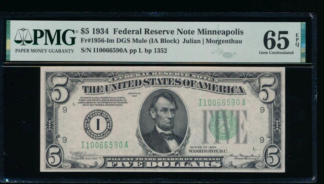 AC 1934 $5 Minneapolis FRN PMG 65 EPQ mule  Fr 1956-I GEM UNCIRCULATED