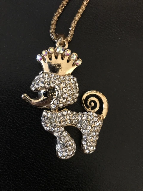 Betsey Johnson Poodle Pendant Rhinestone Necklace AB White Crystals Crown
