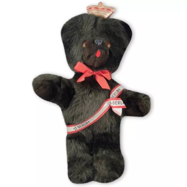 BERLIN BEAR GruB aus - Teddy STUFFED ANIMAL w/ Sash & Crown Vtg Black Plush TOY