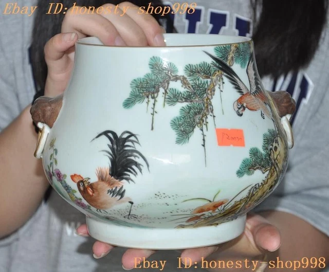 7"Marked China Wucai porcelain scenery pine chicken statue Incense burner Censer