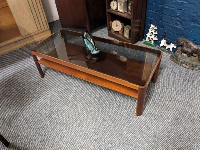 1960’s mid century teak vintage smoked glass coffee table by designer Myer