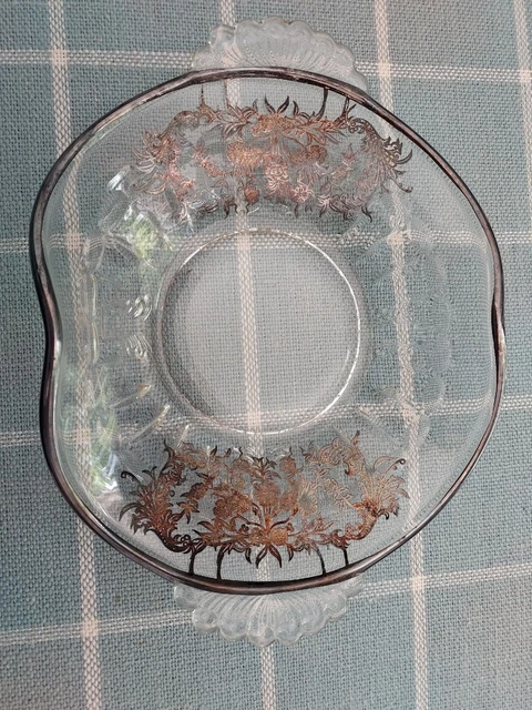 Vintage Glass Dish With Silver Trim And Overlay Pattern