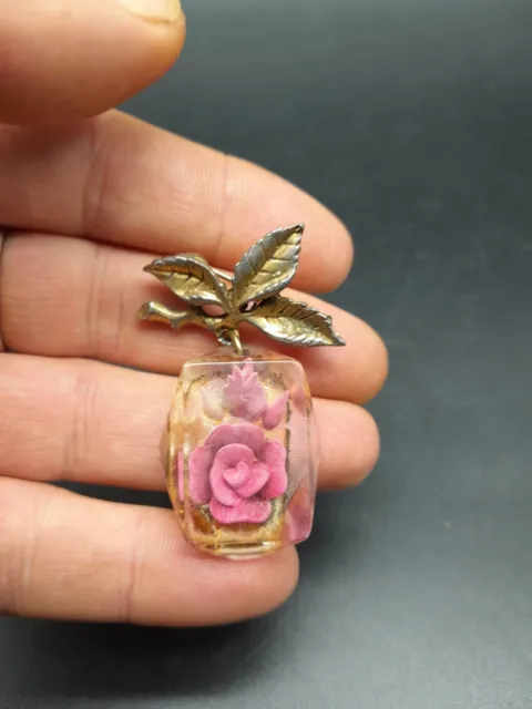 Vintage Reverse Carved Lucite Brooch Pink Floral Rose 1940s 1950s