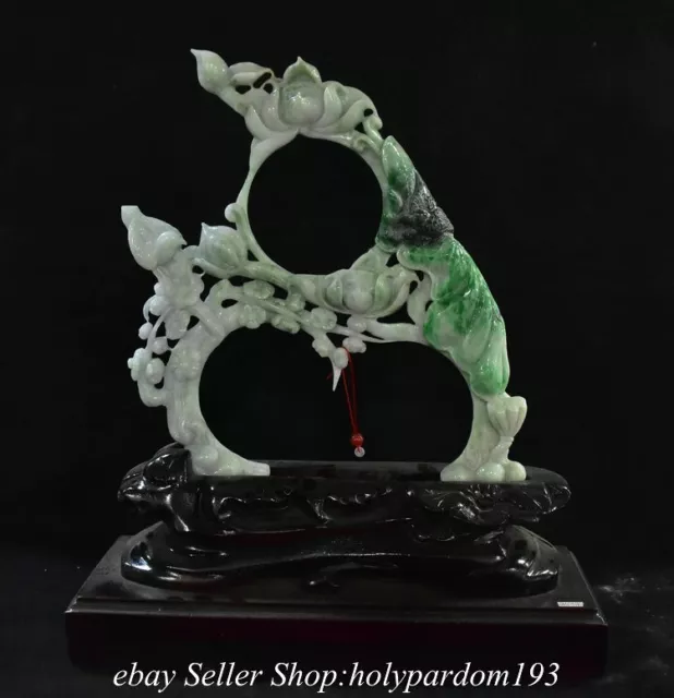 14" Old Chinese Natural Emerald Jade jadeite Carved Lotus Flower Bird Statue