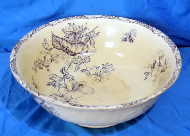 Lrg Antique Ceramic Wash Bowl. stone ware. transfer ware. marked H.W. &co. 505