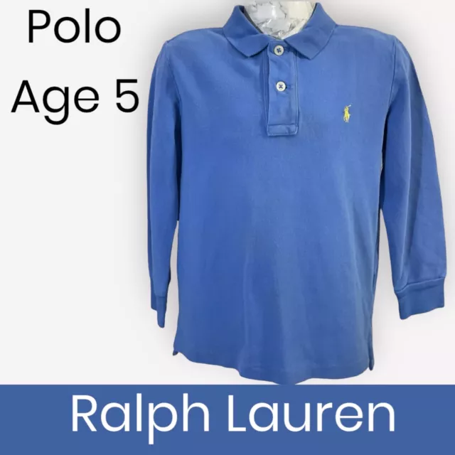 Boys RALPH LAUREN Polo Shirt Blue Cotton Mesh Long Sleeve Logo Age 5