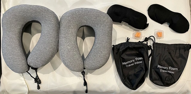 Lot of 2 Memory Foam Travel Neck Pillow Set w/ Earplugs, Eye Masks & Travel Bag