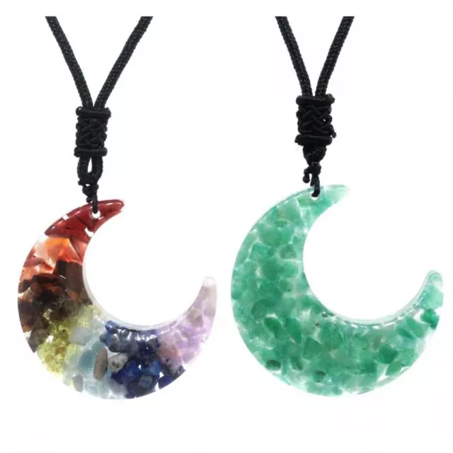 Natural Healing Crystal Quartz Resin Crescent Moon Stone Pendant Chain Necklace