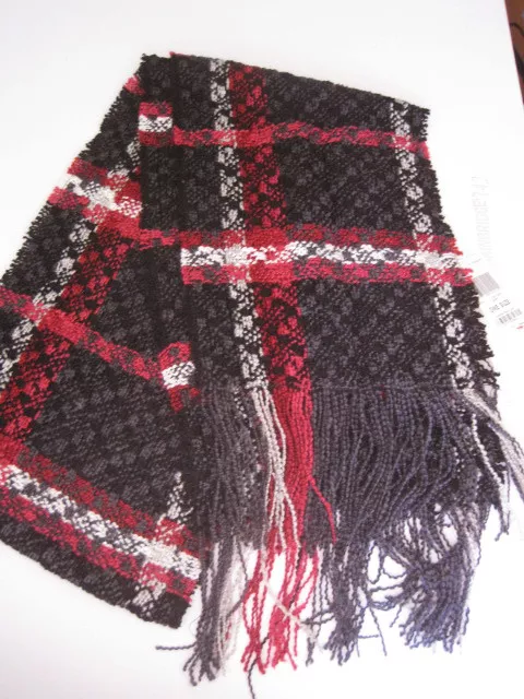 100% Charter Club  Rayon Chenille Black,red white Checked Scarf 11 x 40 in. NWT