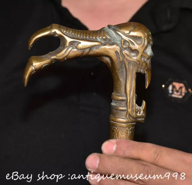 5.6" Old Chinese Copper Dynasy Skull head Hand Crutch Handle Statue