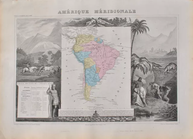 Victor Levasseur: Carta Antica America Del Sud ,Incisione Originale,1869