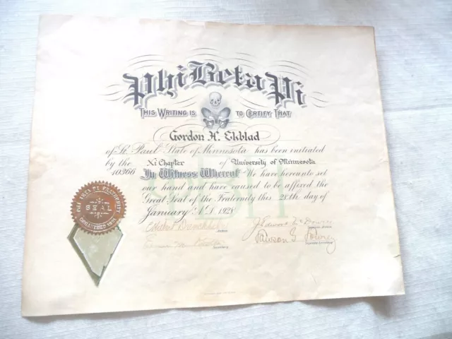 Vintage Certificate Fraternity Phi Beta Pi St. Paul Minnesota Gordon Ekbald 1928