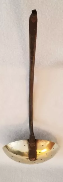 Early 19th Century Brass Skimmer Ladle Wrought Iron Handle Rat Tail Hook 17-1/2" 3