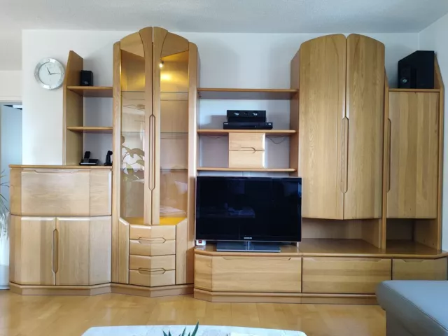 Wohnzimmer Schrank Wohnwand Eiche teilmassiv mit Vitrinenschrank und Schubladen