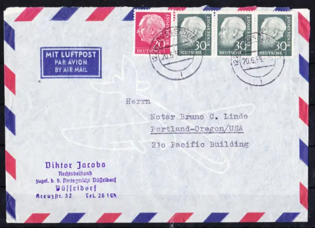 Bund Heuss II, 30Pf, Mi. 259 3er-Streifen gestempelt auf Auslands-Brief USA