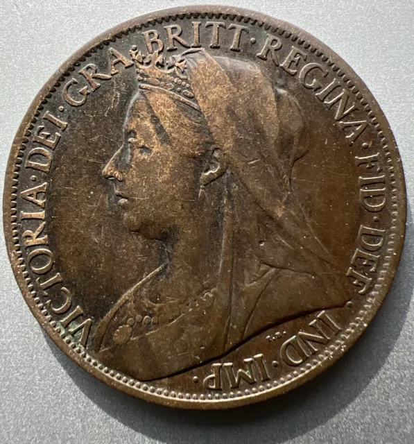 1901 Great Britain One Penny Queen Victoria Bronze Coin KM# 790 LARGE PENNY